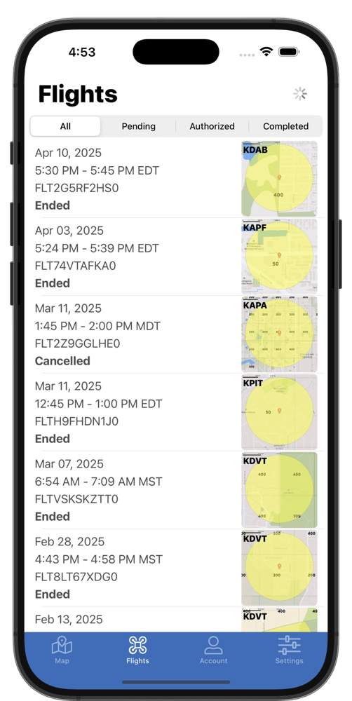 Drone Flights List Screenshot