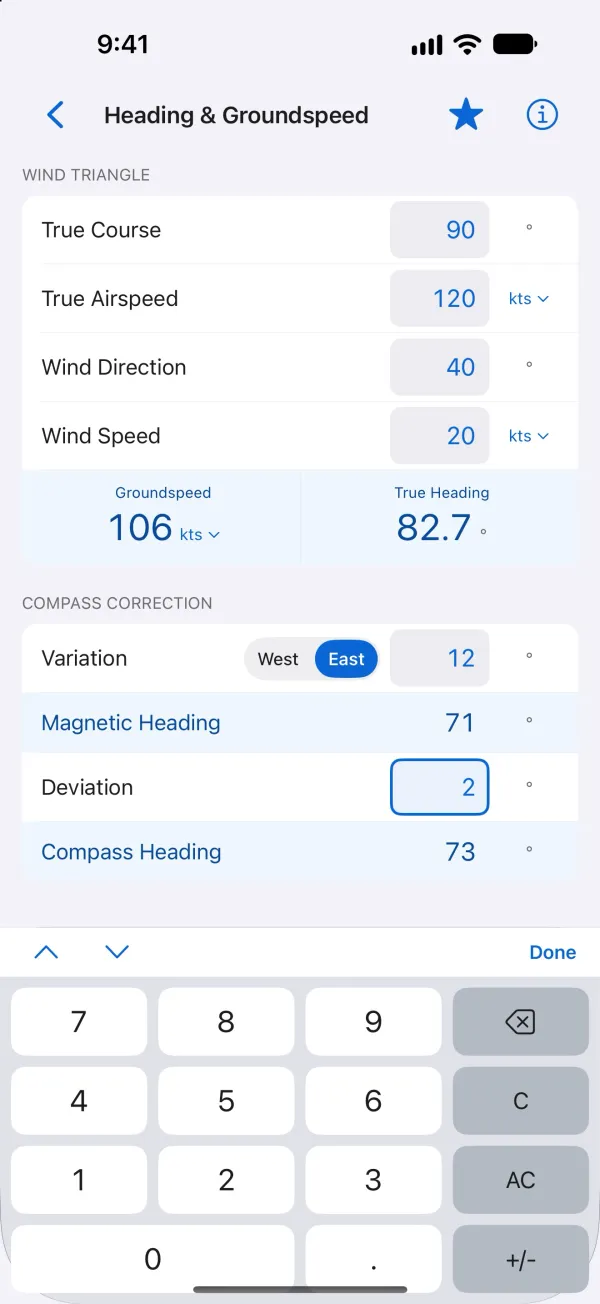 Heading & Groundspeed calculation in FlightReady E6B