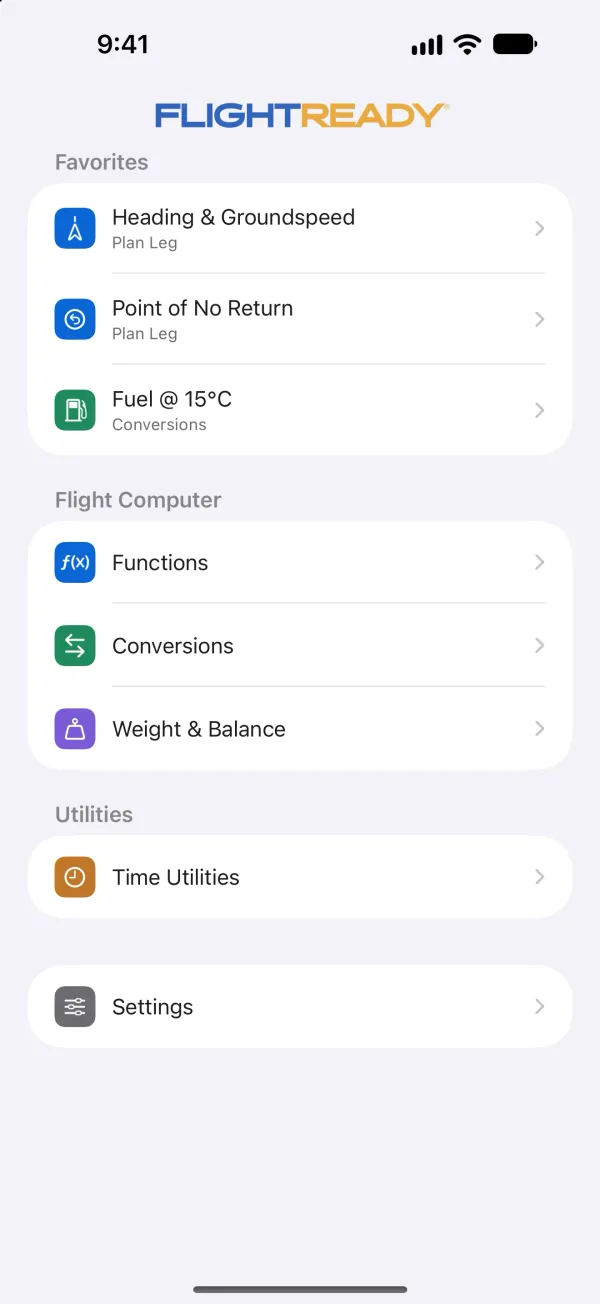 FlightReady E6B main menu with Favorites at the top