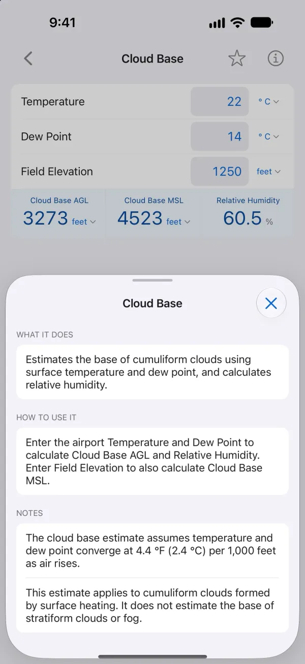 Cloud Base calculation with its help sheet open