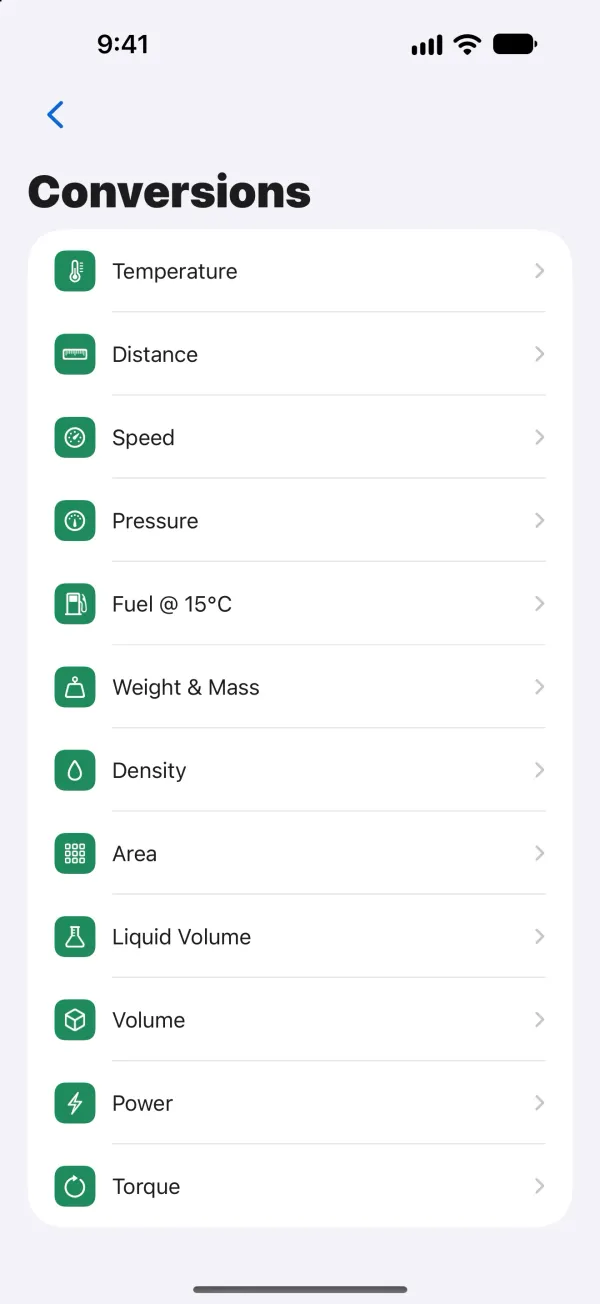 Conversions menu listing twelve conversions