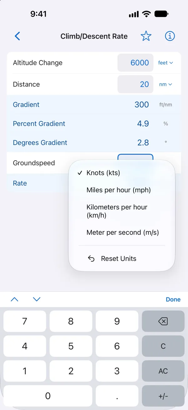 Climb/Descent Rate with the groundspeed unit menu open